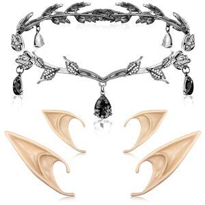 9536 Elf Ears With Crown Set, Fairy Crown Rhinestone Leaf Tiara